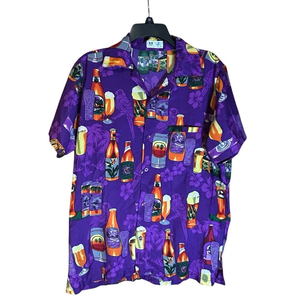 Mens Hawaiian Party Shirt Purple Beer Bottle Print‎ Short Sleeve Medium Novelty